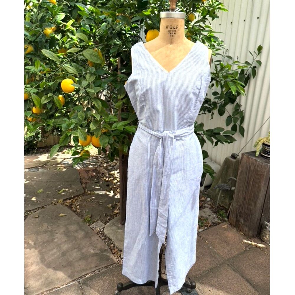 Talbots Petite Blu & White Striped Linen Cotton Sleeveless Fitted Jumpsuit SZ 4P